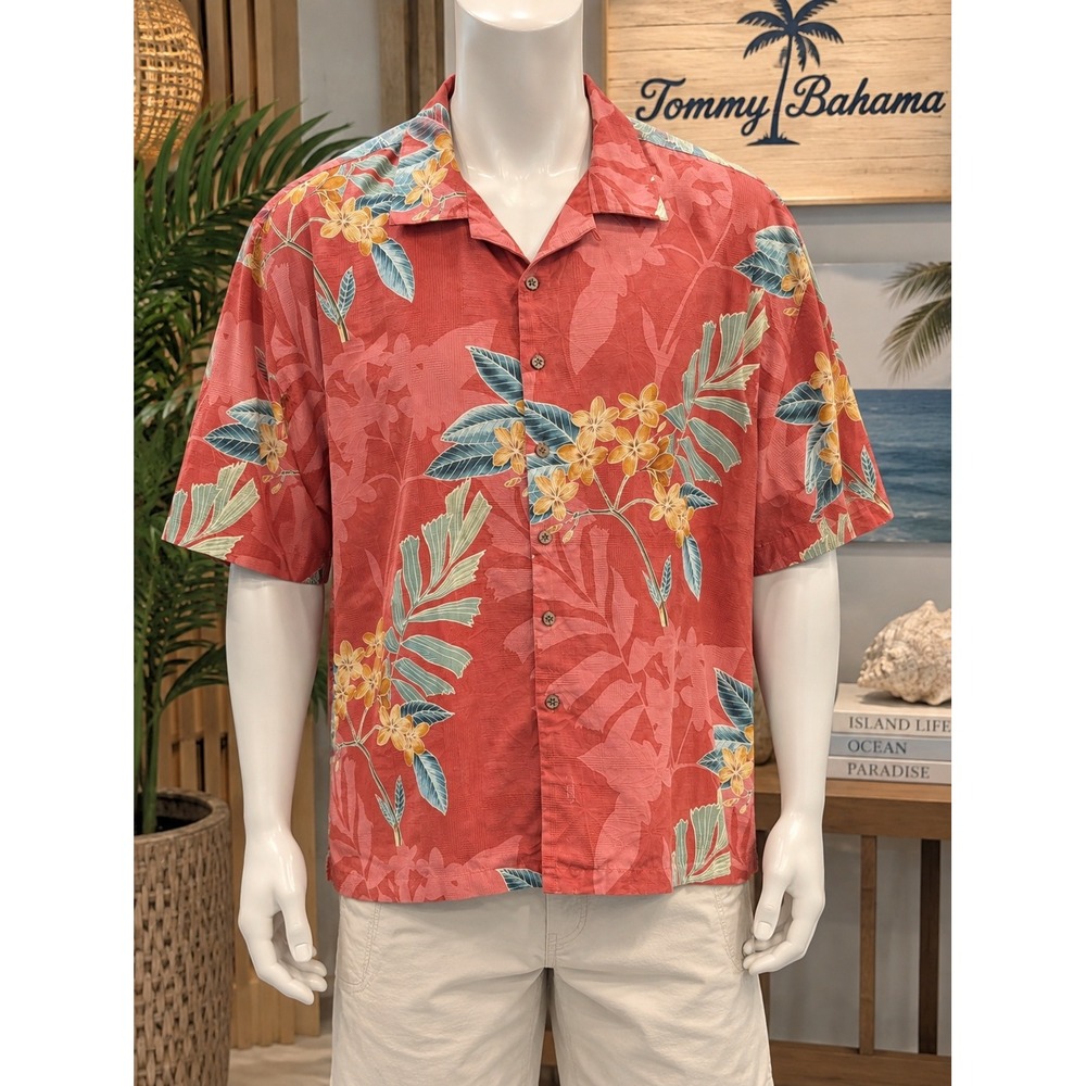 Tommy Bahama XXL 100% Silk Coral Tropical Hawaiian Camp Shirt